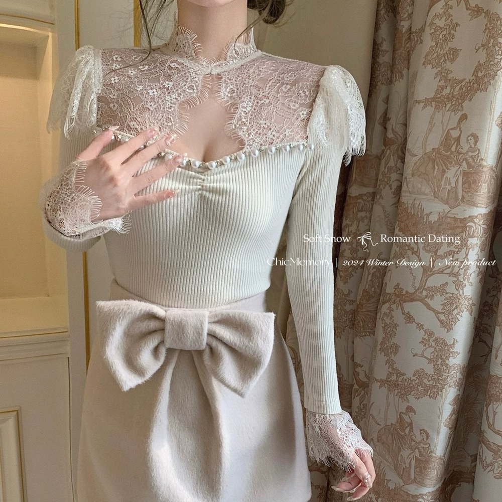 Japanese Kawaii Elegant White Lace Ruffle Pearl Beaded Blouse Shirt Top